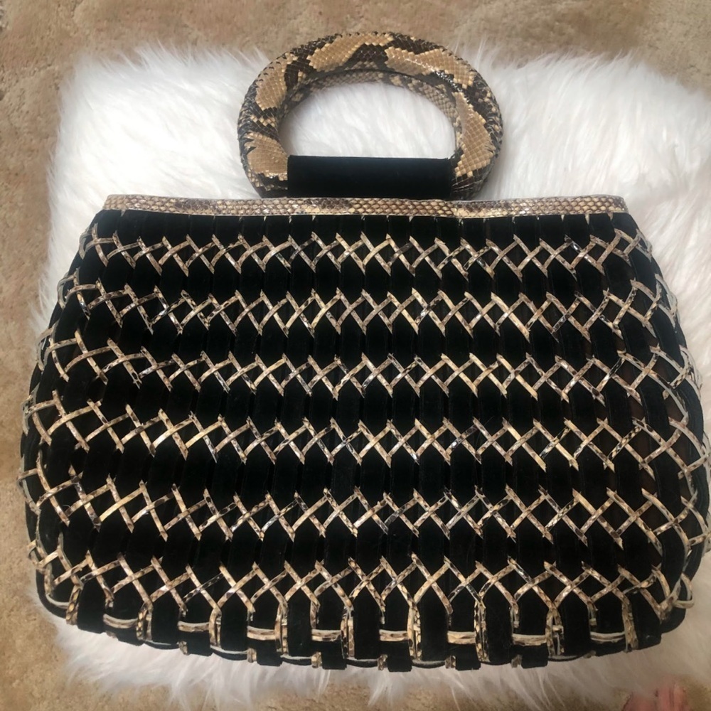 LUXURY PYTHON SNAKESKIN NANCY GONZALES BASKETWEAVE VELVET CLASSIC PURSE TOTE BAG - Picture 5 of 14